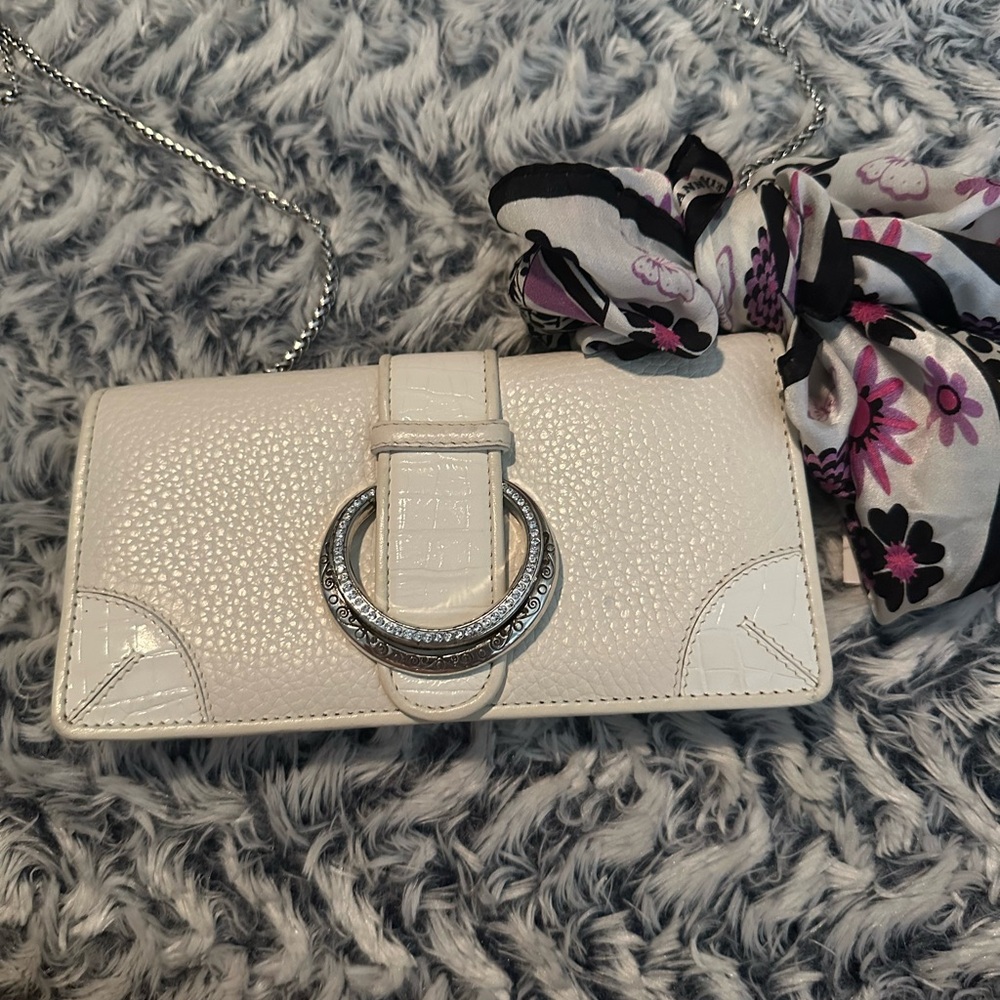 Brighton White Leather Wallet Clutch with Silver Accents